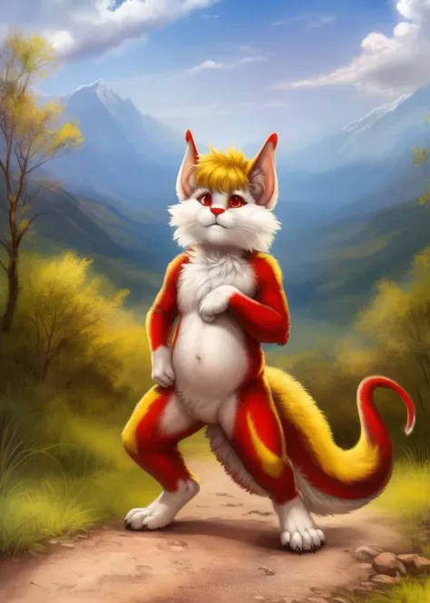 <lora:SnarfCatOsbertYIf:1> SnarfCatOsbertYIf, Snarf, big tail, red eyes, red nose,  furry, [road, earth, forest, trees, sky, clouds, mountains,]  solo, 
 looking at viewer, to his full height, (beautiful, aesthetic, perfect, delicate, intricate, masterpiece, ) (fighting stance)
[by kenket|by totesfleisch8], by thebigslick:by silverfox5213:0.8], [by syuro, by paloma-paloma::0.2, (Tricksta, TotesFleisch8)