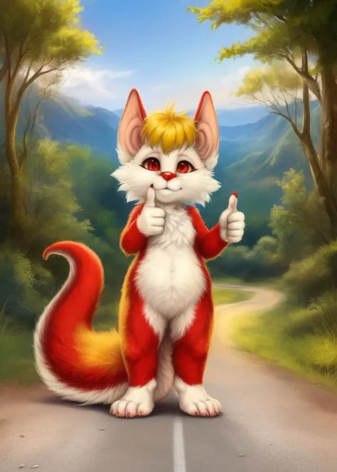 <lora:SnarfCatOsbertYIf:1> SnarfCatOsbertYIf, Snarf, big tail, red eyes, red nose,  furry, [road, earth, forest, trees, sky, clouds, mountains,]  solo, 
 looking at viewer, to his full height, (beautiful, aesthetic, perfect, delicate, intricate, masterpiece, ) chibi, (thumbs up)
[by kenket|by totesfleisch8], by thebigslick:by silverfox5213:0.8], [by syuro, by paloma-paloma::0.2, (Tricksta, TotesFleisch8)