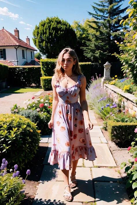 melina, a woman wearing summer dress in the garden  <lora:melina:1>