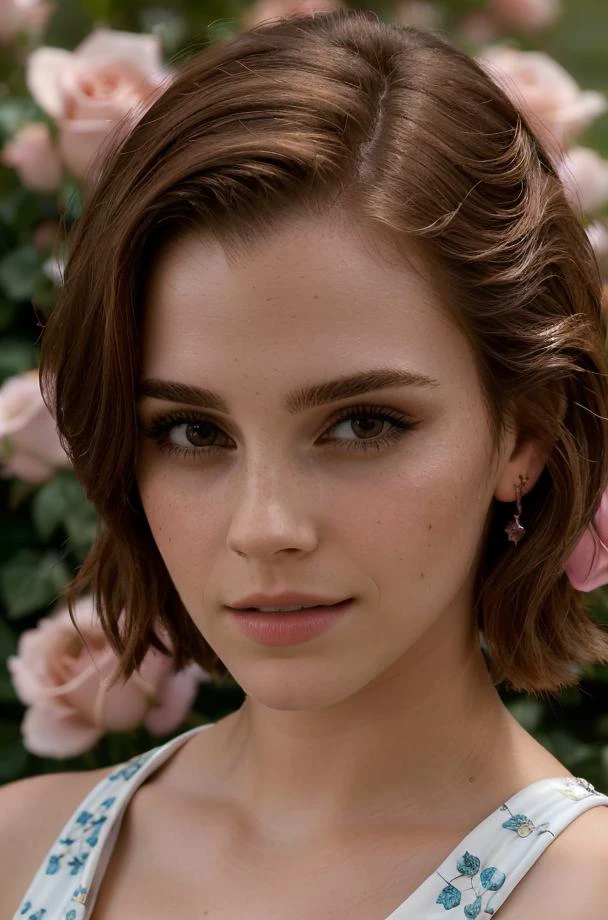emmawatson <lora:emmawatson-000008:1> (Masterful Digital Artwork:1. 3) of (Ultra detailed:1. 3), (raw photo ((ultra-detailed)), close-up fashion portrait of a woman, angelic face, ((ultra-detailed)), ((photo)), black tank top, pink eye shadows, roses and flowers, ((ultra-detailed)), auburn hair color, blue eyes, soft focus