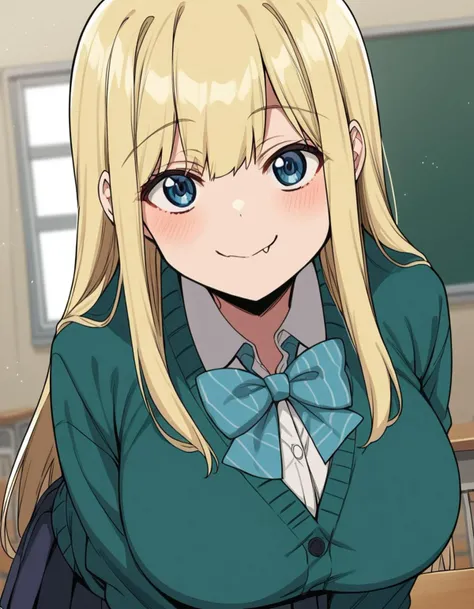 score_9, score_8_up, score_7_up, source_anime,
marinichinose, <lora:marin-ichinose-manga-ponyxl-lora-nochekaiser:1>,
marin ichinose, long hair, bangs, blue eyes, blonde hair, fang, large breasts,
skirt, shirt, long sleeves, school uniform, white shirt, pleated skirt, bowtie, blue bow, cardigan, blue bowtie,
indoors, classroom, smile, bent over,
looking at viewer, solo, cowboy shot, dutch angle,