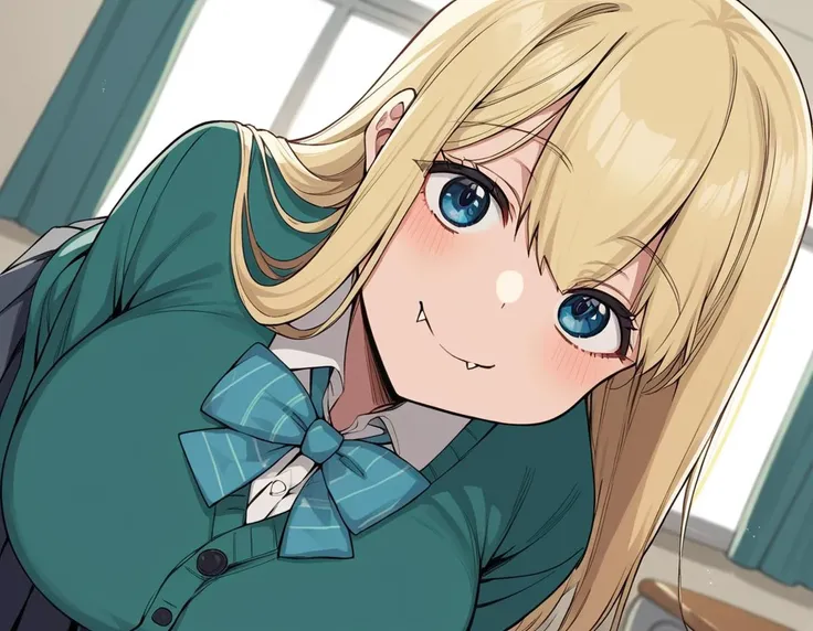 score_9, score_8_up, score_7_up, source_anime,
marinichinose, <lora:marin-ichinose-manga-ponyxl-lora-nochekaiser:1>,
marin ichinose, long hair, bangs, blue eyes, blonde hair, fang, large breasts,
skirt, shirt, long sleeves, school uniform, white shirt, pleated skirt, bowtie, blue bow, cardigan, blue bowtie,
indoors, classroom, smile, bent over,
looking at viewer, solo, cowboy shot, dutch angle,
