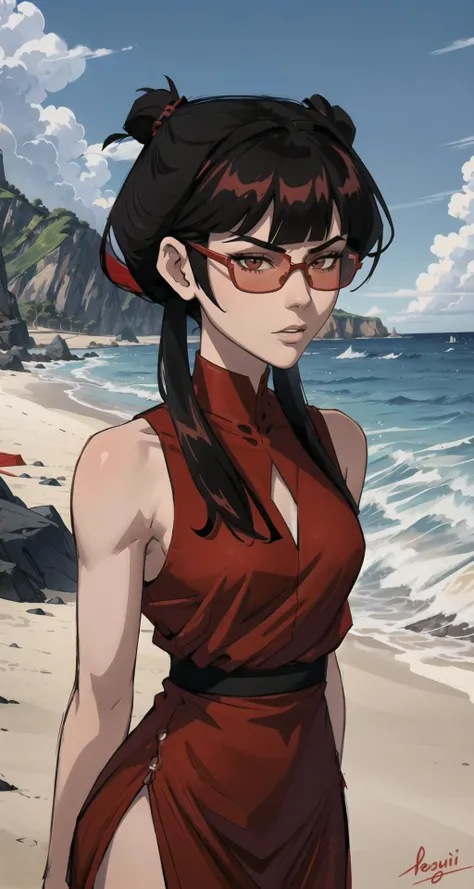 masterpiece, best quality, mai from avatar the last airbender,red bikini, cleavage, breasts,smile, long hair, blunt bangs, hair bun, twintails, double bun, sidelocks, looking at viewer, sexy pose, blue sky, beach background,