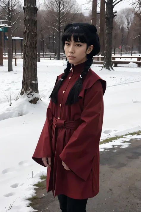 mai, brown eyes, long black hair, twintails, double bun, sidelocks, red clothes, long sleeves, looking at viewer, serious, standing, outside,park, trees, snow, winter, overcast, high quality, masterpiece, <lora:Mai:.8>