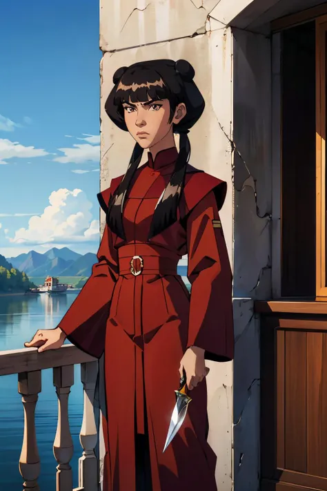 mai, brown eyes, long black hair, twintails, double bun, sidelocks, red clothes, long sleeves, looking at viewer, serious, standing, outside, balcony, lake, holding knife, blue sky, high quality, masterpiece,  <lora:Mai:.8>