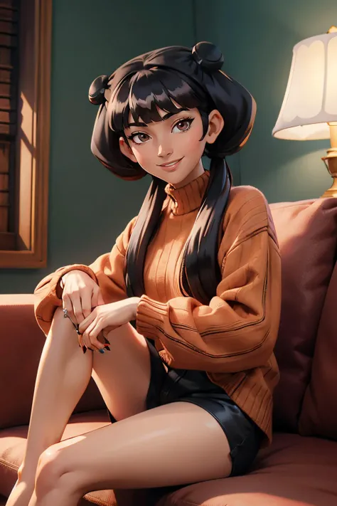 mai, brown eyes, long black hair, twintails, double bun, sidelocks, oversized red sweater, black short shorts, looking at viewer, serous, smiling, sitting, on sofa, legs raised, inside palace living room,soft lighting, high quality, masterpiece, <lora:Mai:.8>