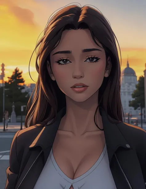 <lora:Sofia_Chernasova:1.5>,chrn,realistic,detailed,looking in camera,park,half body,jacket,looking in camera,golden hour