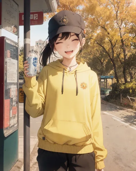 (grainy:0.6), (extremely detailed:1.1), intricate detail, absurdres, (sharp:0.9), afternoon, (sun shining on face:1.2), 
BREAK
girl, detailed eyes,one eye closed, detailed face,happy, ponytail, hair accessory, chain necklace, cap, soda in hand,
BREAK
detailed expensive hoodie, capri pants,
BREAK
 (bus stop background:1.2), trees, bushes, autumn,