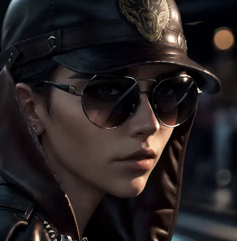 intricate detail, photorealistic, dynamic lighting, extremely detailed, realistic, dark, reflective sunglasses, menacing, sharp focus, girl, long leather jacket,