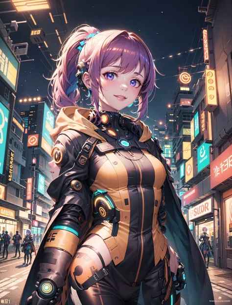 (masterpiece:1.3), best quality, absurdres, extremely detailed, evening,natural light, BREAK,<lora:rMadArt3_NoiseOffset:1>,
BREAK
cute girl, cyberpunk clothing, ponytail, smile, cape with hood, (lights in clothing:1.1), purple lights, orange lights, blue lights,<lora:Neonpunkai-8:0.7>, neonpunkai,
BREAK
alley background,