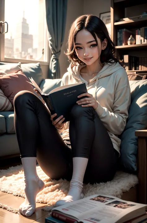 (best quality:1.1), (masterpiece:1.1), detailed, perfect anatomy,evening, natural lighting,
BREAK
girl, sitting on sofa, hoodie, (capri pants:1.1), smiling, reading book, lying, (socks:1.2),
BREAK
living room background,