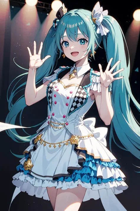 masterpiece, best quality, highres, momomiku, epaulettes, <lora:hatsune_miku_(project_sekai)_v1:0.9>, stage, :D, waving
