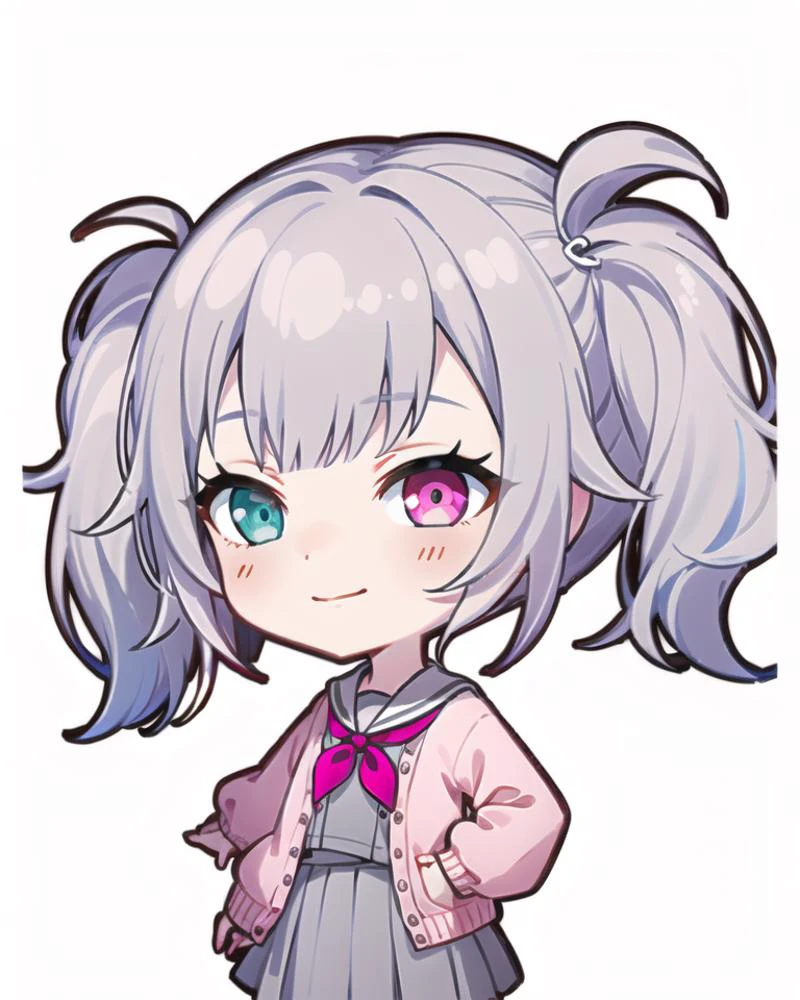 1girl, solo, standing, blush, looking at viewer, animated, Animification, arms at sides, light smile,
<lora:spotoriEmu-08:0.5>, emusai, (white sailor collar, pink cardigan, grey shirt, grey skirt, pleated skirt:1.4), red neckerchief,
<lora:hatsune_miku_(project_sekai)_v1:0.5>, (nigomiku, heterochromia, aqua eyes, pink eyes, grey hair:1.4), long hair,
<lora:style_projectsekaistamp-06:0.8>, (chibi:1.4), white background, simple background,
