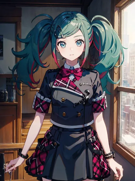 masterpiece,best quality,highres,leomiku,black shirt,<lora:hatsune_miku_(project_sekai)_v1:0.9>,indoor,cowboy_shot,looking_at_viewer,day,