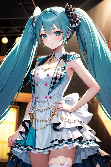 masterpiece, best quality, highres, momomiku, epaulettes, <lora:hatsune_miku_(project_sekai)_v1:0.9>, cowboy shot, stage, standing, smile, arms at sides,