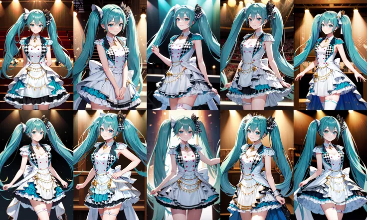 masterpiece, best quality, highres, momomiku, epaulettes, <lora:hatsune_miku_(project_sekai)_v1:0.9>, cowboy shot, stage, standing, smile, arms at sides,