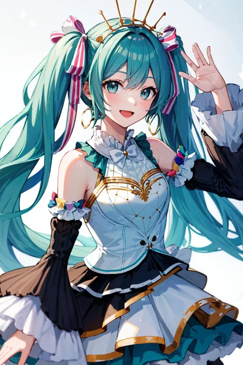 masterpiece, best quality, highres, gracemiku, <lora:hatsune_miku_(project_sekai)_v1:0.9>, smile, waving, open mouth,