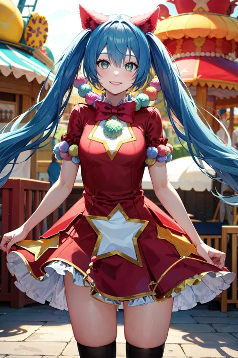 masterpiece, best quality, highres, wondermiku, red dress, <lora:hatsune_miku_(project_sekai)_v1:0.9>, amusement park, cowboy shot, standing, smile,