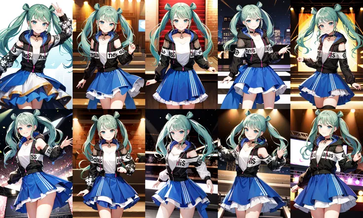 masterpiece, best quality, highres, vivimiku, blue skirt, <lora:hatsune_miku_(project_sekai)_v1:0.9>, smile, stage, standing, cowboy shot