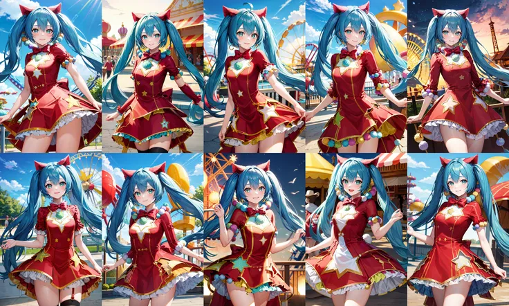 masterpiece, best quality, highres, wondermiku, red dress, <lora:hatsune_miku_(project_sekai)_v1:0.9>, amusement park, cowboy shot, standing, smile,