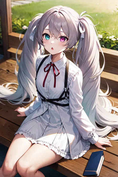 masterpiece, best quality, highres, nigomiku, heterochromia, aqua eyes, pink eyes, white skirt, <lora:hatsune_miku_(project_sekai)_v1:0.9>, sitting, table, bench, :o, outdoors
