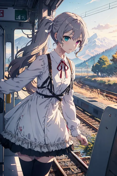 masterpiece, best quality, nigomiku, heterochromia, aqua eyes, pink eyes, <lyco:hatsune_miku_(project_sekai)_v1:0.9>, on train station, mountains, green nature, dawn, intricate light, by makoto shinkai