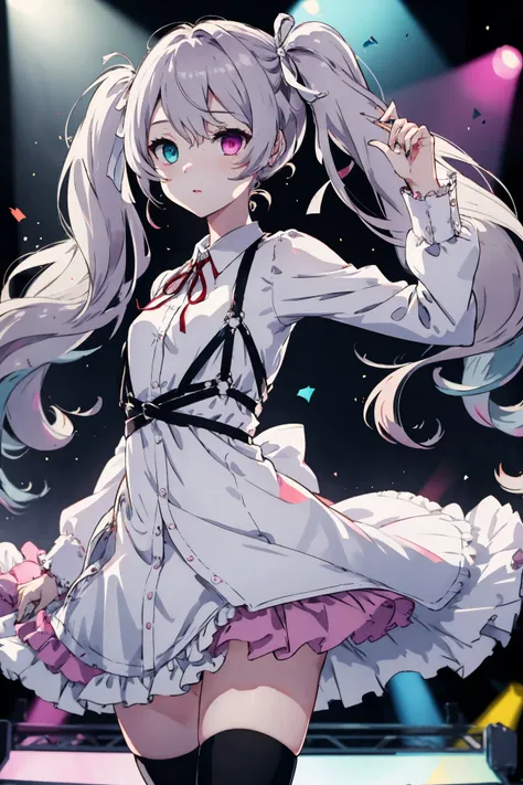 masterpiece, best quality, nigomiku, heterochromia, aqua eyes, pink eyes, <lyco:hatsune_miku_(project_sekai)_v1:0.9>, on stage, dancing, intricate light