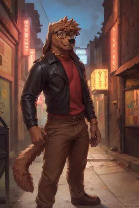 on e621, reed (bearra), canine, domestic dog, (by taran fiddler:1.1), (by chelodoy:1.1), (by jay naylor:1.1), safe, anthro, black nose, brown body, eyewear, fur, glasses, male, solo, teeth, (floppy ears), standing, fluffy, tail, clothed, leather jacket, gold chain, tokyo, street, akihabara, neon lights, topwear, bottomwear