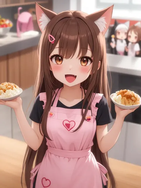 multiple girl, 2+girl, :d, apron, blush, box, brown eyes, brown hair, cat, cat ears, chibi, fang, food, food in mouth, hair ornament, hairclip, heart, holding, holding food, holding fruit, long hair, looking at viewer, open mouth, pink shirt, shirt, short sleeves, smile, solo, very long hair, white apron,,