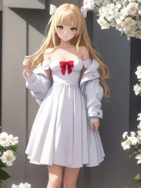 1girl, solo, HQ, blonde hair, bow, medium breasts, closed mouth, dress, flower, green eyes, hair flower, hair ornament, hairclip, heterochromia, holding flower, hood down, hooded jacket, jacket, long hair, long sleeves, off shoulder, off-shoulder dress, open clothes, open jacket, purple dress, red bow, standing, standing, strapless, strapless dress, white bow, white dress, white flower, white jacket, wrist cuffs,