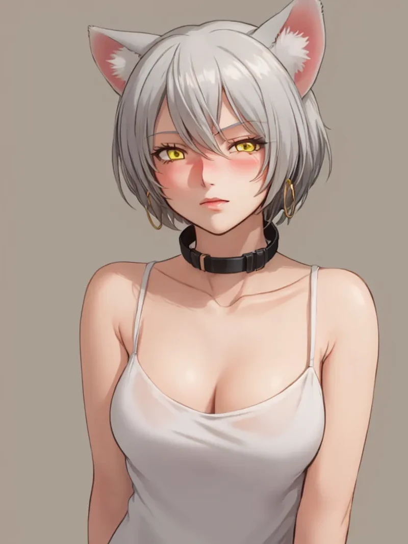 1girl, :3, animal animal ears, blush, breasts, camisole, cleavage, closed mouth, collarbone, grey hair, looking at viewer, medium breasts, medium hair, solo, upper body, yellow eyes
<lora:Ouka-v1:0.7>, SDOuka,