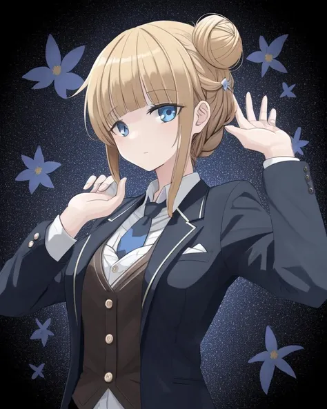 dal, (realistic:1.3), (intricate detail:1.2), 1girl, bangs, beatrice_(umineko), blazer, blonde_hair, blue_eyes, blunt_bangs, braid, braided_bun, collared_shirt, flower, hair_flower, hair_ornament, homura_kumi, jacket, necktie, official_alternate_costume, shirt, solo, umineko_no_naku_koro_ni, vest, dynamic pose, midnight theme,