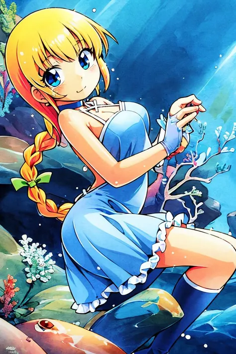 <lora:hoshino_fuuta_style:0.8>,centered, award winning photo, (looking at viewer:1.2), | | underwater, bubbles, coral reef, | bokeh, depth of field, cinematic composition, | <lora:Squirtle_Pokemon:0.8> 1girl, blue eyes, very long hair, blonde hair, long blonde hair,( french braid:1.1), bangs, medium breasts, hair ribbon, frilled choker, criss-cross halter, (blue dress:1.1), sleeveless dress, high-waist skirt, backless dress, waist bow, black detached sleeves, frilled sleeves,