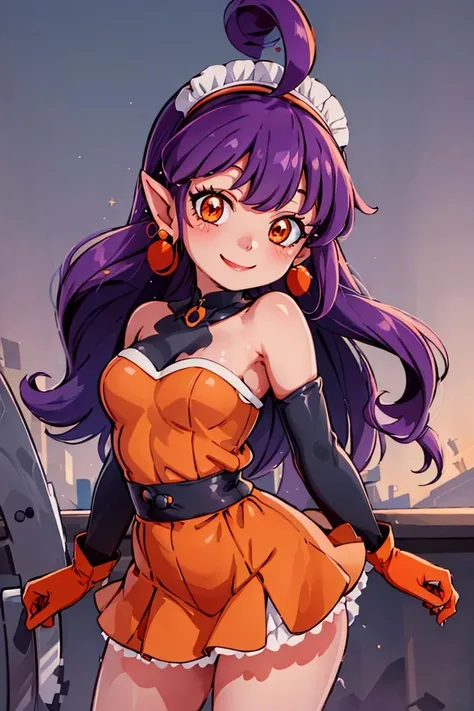 (masterpiece, best quality, beautiful detailed eyes, intricate details), 4k
1girl, solo, outdoors, full body, from behind, sky, (watercolor \(medium\):1.3)
<lora:Stardust_Pumpkins_Citron_OC_Anime:0.8>, Stardust_Pumpkins_Citron_OC, smiling, blushing, 
1girl, solo, long purple hair,  orange eyes, ahoge, pointy ears, orange dress, elbow gloves, bare shoulders, maid headdress, jewelry, earrings,  black thighhighs,