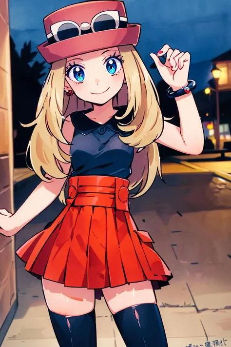 <lora:hoshino_fuuta_style:0.8>,((masterpiece,best quality)), absurdres,  <lora:serena_v1:0.7>,  serena \(pokemon\), 1girl, long hair, blue eyes,  thighhighs, long hair, hat, jewelry, bracelet, black thighhighs, collared shirt, pleated skirt, red skirt, sleeveless, high-waist skirt, sleeveless shirt, eyelashes, pink headwear, black shirt, eyewear on headwear, solo, smiling, looking at viewer, cowboy shot,  cinematic composition, contrapposto,