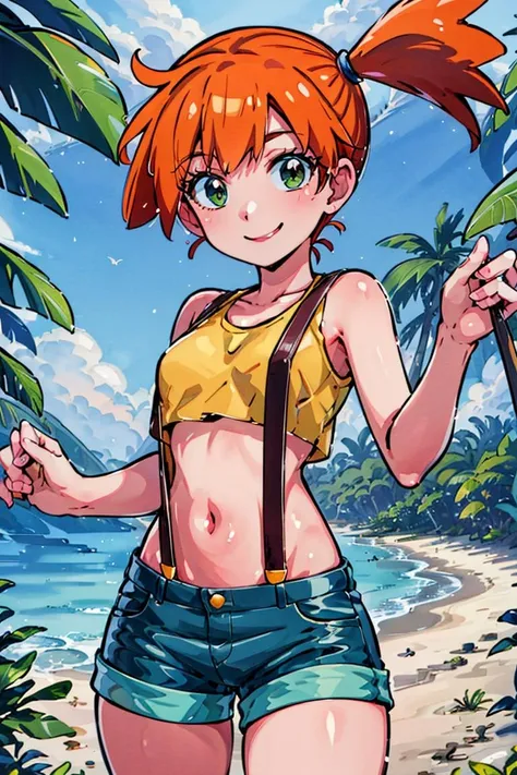 <lora:cutefires_style:0.8>,((masterpiece,best quality)), absurdres, <lora:Misty_Pokemon_v2_Anime:0.8>, Misty_Pokemon, yellow crop top, suspenders, side ponytail, orange hair, denim shorts, solo, smiling, looking at viewer, cowboy shot, cinematic composition, contrapposto, tropical beach,