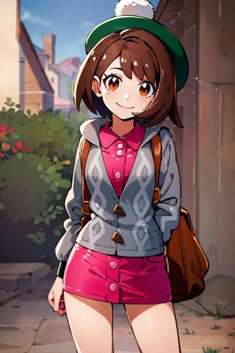 <lora:hoshino_fuuta_style:0.8>,((masterpiece,best quality)), absurdres, <lora:gloria_(pokemon)_v1:0.7>, gloria \(pokemon\), brown hair, solo, backpack, brown eyes, tam o' shanter, grey cardigan, pink dress, short hair, green socks, socks, brown bag, bob cut, bangs, long sleeves, collared dress, solo, smiling, looking at viewer, cowboy shot, cinematic composition, contrapposto,