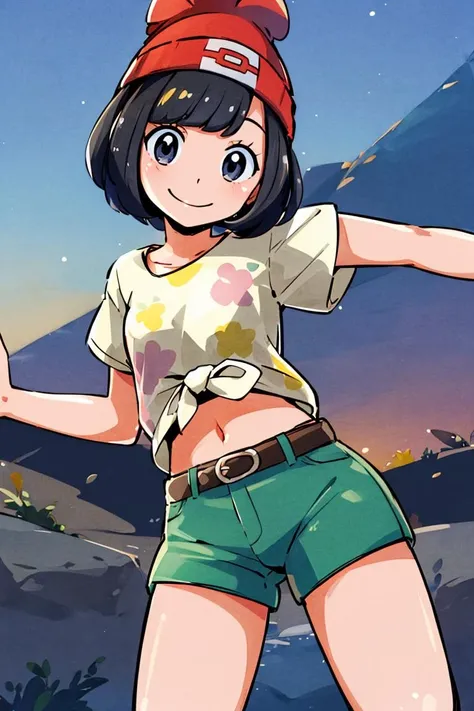 <lora:hoshino_fuuta_style:0.8>,((masterpiece,best quality)), absurdres, <lora:selene_(pokemon)_v1:0.7>, selene \(pokemon\), solo, grey eyes, black hair, green shorts, red headwear, beanie, shirt, tied shirt, floral print, short hair, short sleeves, short shorts, striped, yellow shirt, belt, midriff, solo, smiling, looking at viewer, cowboy shot, cinematic composition, contrapposto,
