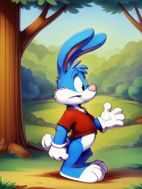 A cartoon rabbit in a red shirt standing in front of a tree - SeaArt AI