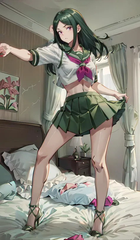 highest quality,masterpiece,8k,1girl,medium breasts,orgasm,blush, sweat,mini skirt,lift skirt,upskirt,white panties,Mizuki Yukikaze,hair ribbon, green shirt, serafuku, white neckerchief, long sleeves, pleated skirt, black skirt, black thighhighs,((leg up,fighting stance:1.1))