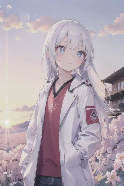 <lora:white:0.3>,
masterpiece,bestquality,vivid,
white, white backgroud,
afternoon,cherry blossom,sunset,cloud,grass feild,flower,side,
one girl,detailed face,detailed eyes,looking away,silver hair,walking,white jacket,red, decoration,cyan highlight