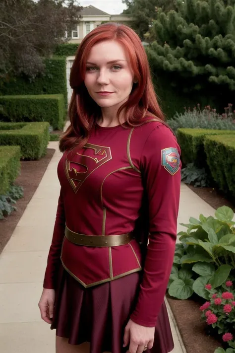 waist up portrait photo, kirdunst, in (garden:1.1), posing, wearing sexy supergirl suit, (solo:1.2) <lyco:KirstenSpidy:1>