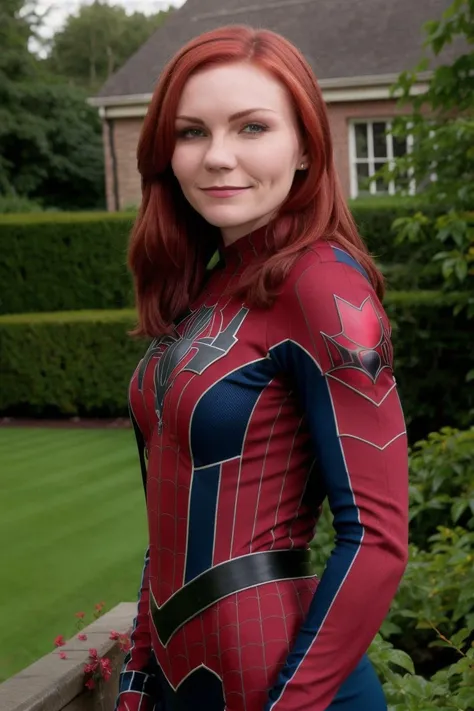 waist up portrait photo, kirdunst, in (garden:1.1), posing, wearing sexy spiderman suit, (solo:1.2) <lyco:KirstenSpidy:1>