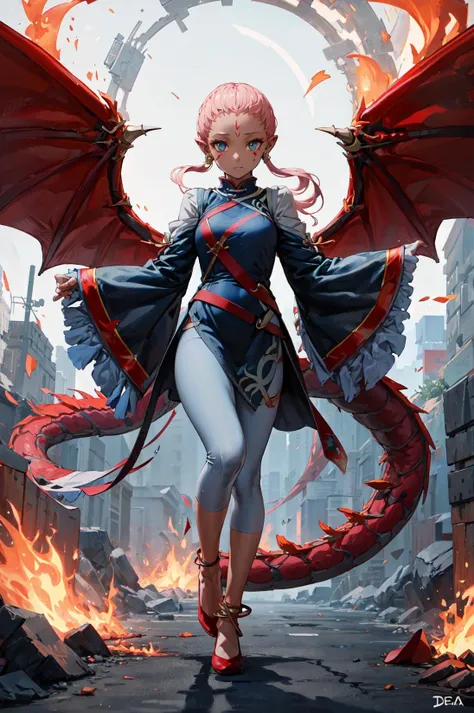 dragon tail,dragon wing,fire,closed mouth,<lora:enaV2_1_char:0.85>,def_ena, dress, jewelry,earrings, long sleeves, forehead mark, looking at viewer, red footwear, white pants, anklet, wide sleeves, belt,chinese clothes,dark,(masterpiece, best quality, ultra-detailed, best shadow),