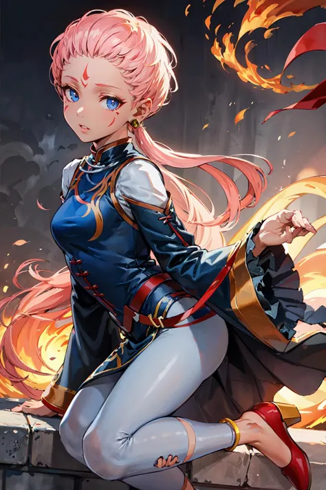 fire storm,closed mouth,<lora:enaV2_1_char:0.85>,def_ena, dress, jewelry,earrings, long sleeves, forehead mark, looking at viewer, red footwear, white pants, parted lips, anklet, wide sleeves, belt,chinese clothes,dark,(masterpiece, best quality, ultra-detailed, best shadow),