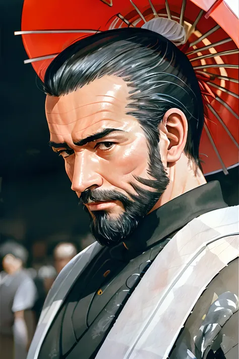 <lora:sirSean1960sMovie_v10:1>, Japanese man, watercolor artwork of a handsome senior man SirSean, beard, (wearing a samurai costume:1.1), (walking down a street in Kyoto:1.5), sharp focus, digital painting, concept art, smooth, sharp focus, rule of thirds, dark fantasy,intricate details, (full-length-portrait:1.5), (panoramic shot:1.5), (shallow depth of field:1.3), insanely detailed, <high resolution artwork, (masterpiece:1.0), (best quality:1.2), rim lighting, spot lighting, (beautiful and clear background:1.2), detailed background>, watercolor, visible brushstrokes