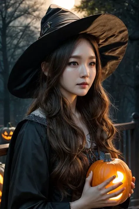 1girl, solo, 4k HDR, realistic, ultra detailed, natural lighting, wearing a witch outfit with long hair, halloween theme background with gloomy pumpkin glowing in the dark and full moon, scattered cloud, ((photorealistic:1.4)), asymmetrical wavy long hair, (detailed oily skin), (detailed face), (detailed background :1.1),upper body, wearing witch hat,
