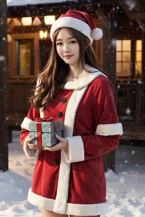 1girl, solo, wearing santa claus outfit, christmas theme, snow christmas background in the morning , mature body, upper body, holding red box of present,