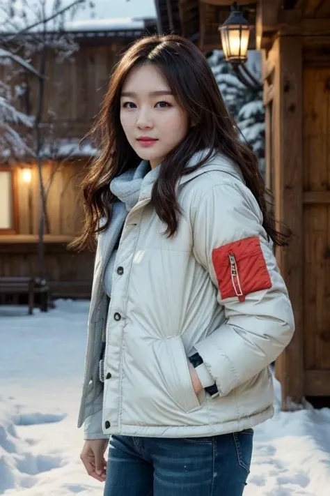 masterpiece, best quality, ultra-detailed, ultra high res, (photorealistic:1.4), raw photo, (realistic:0.2), CG, 8k HDR, perfect lighting, 1girl, solo, looking at viewer, (winter clothes, padded jacket), outdoor, (snow, snowflakes), night, aurora sky, upper body, lower body, asymmetrical wavy long hair, (detailed oily skin), (detailed face), (detailed background :1.1), hands in pocket,