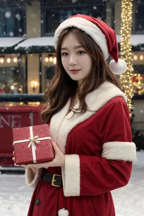 1girl, solo, wearing santa claus outfit, christmas theme, snow christmas background in the morning , mature body, upper body, holding red box of present,